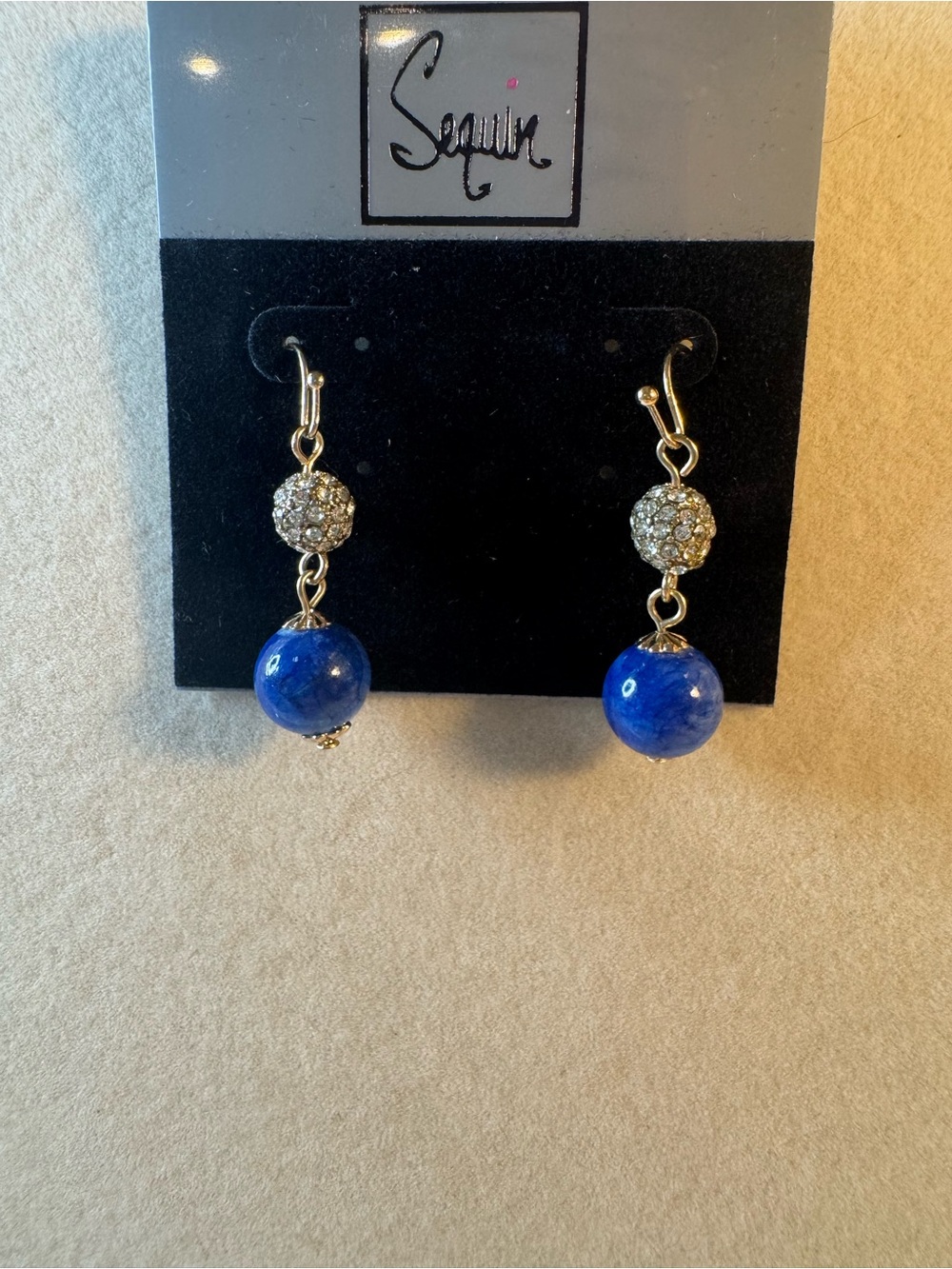 New Sequin Blue Bead Drop Earrings with Crystal Accent